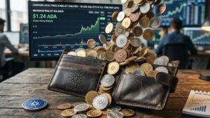 Una cartera de cuero llena de monedas de ADA, con gráficos financieros de fondo.