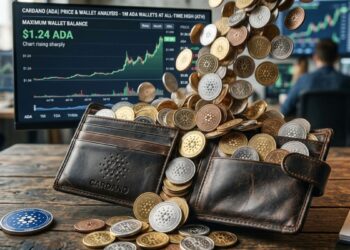 Una cartera de cuero llena de monedas de ADA, con gráficos financieros de fondo.