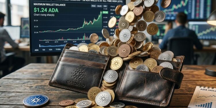 Una cartera de cuero llena de monedas de ADA, con gráficos financieros de fondo.