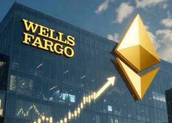 Edificio de Wells Fargo con logo Ethereum dorado y gráficos de crecimiento financiero.