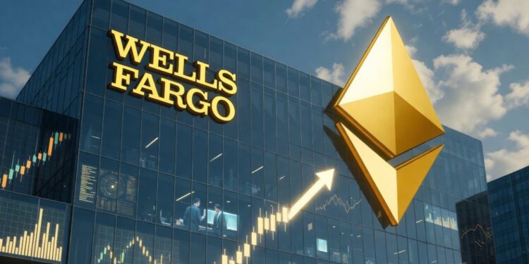 Edificio de Wells Fargo con logo Ethereum dorado y gráficos de crecimiento financiero.