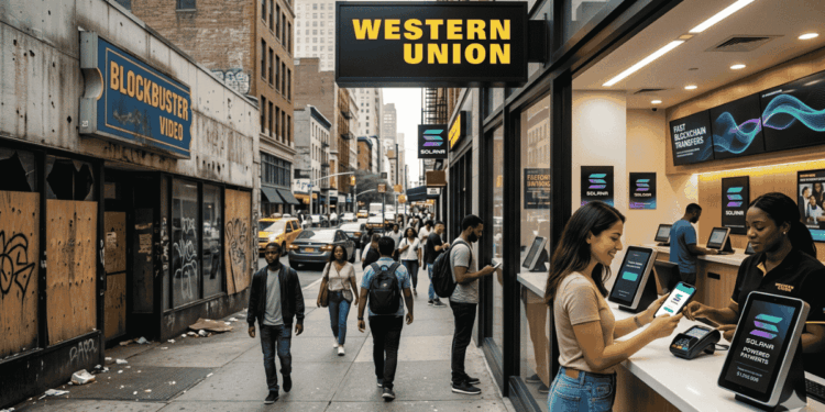 A la izquierda un local de Blockbuster cerrado y en decadencia. A la derecha, una central de Western unión con colores vivos y gente operando.