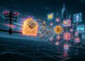Un paquete de billetes antiguos volando a toda velocidad por un cable telegrรกfico oxidado y neรณn que cruza un ocรฉano nocturno cyberpunk. En la mitad del trayecto el cable se rompe dramรกticamente, liberando un estallido de partรญculas digitales. Los billetes se desintegran en cรณdigo y se reconstruyen como criptomonedas brillantes (Bitcoin, Ethereum y stablecoins) que entran en una red de nodos blockchain flotantes.