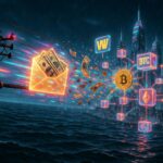 Un paquete de billetes antiguos volando a toda velocidad por un cable telegrรกfico oxidado y neรณn que cruza un ocรฉano nocturno cyberpunk. En la mitad del trayecto el cable se rompe dramรกticamente, liberando un estallido de partรญculas digitales. Los billetes se desintegran en cรณdigo y se reconstruyen como criptomonedas brillantes (Bitcoin, Ethereum y stablecoins) que entran en una red de nodos blockchain flotantes.