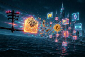 Un paquete de billetes antiguos volando a toda velocidad por un cable telegrรกfico oxidado y neรณn que cruza un ocรฉano nocturno cyberpunk. En la mitad del trayecto el cable se rompe dramรกticamente, liberando un estallido de partรญculas digitales. Los billetes se desintegran en cรณdigo y se reconstruyen como criptomonedas brillantes (Bitcoin, Ethereum y stablecoins) que entran en una red de nodos blockchain flotantes.