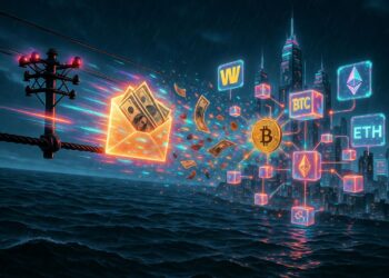 Un paquete de billetes antiguos volando a toda velocidad por un cable telegráfico oxidado y neón que cruza un océano nocturno cyberpunk. En la mitad del trayecto el cable se rompe dramáticamente, liberando un estallido de partículas digitales. Los billetes se desintegran en código y se reconstruyen como criptomonedas brillantes (Bitcoin, Ethereum y stablecoins) que entran en una red de nodos blockchain flotantes.