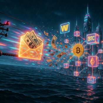 Un paquete de billetes antiguos volando a toda velocidad por un cable telegráfico oxidado y neón que cruza un océano nocturno cyberpunk. En la mitad del trayecto el cable se rompe dramáticamente, liberando un estallido de partículas digitales. Los billetes se desintegran en código y se reconstruyen como criptomonedas brillantes (Bitcoin, Ethereum y stablecoins) que entran en una red de nodos blockchain flotantes.