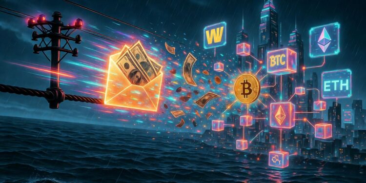 Un paquete de billetes antiguos volando a toda velocidad por un cable telegráfico oxidado y neón que cruza un océano nocturno cyberpunk. En la mitad del trayecto el cable se rompe dramáticamente, liberando un estallido de partículas digitales. Los billetes se desintegran en código y se reconstruyen como criptomonedas brillantes (Bitcoin, Ethereum y stablecoins) que entran en una red de nodos blockchain flotantes.