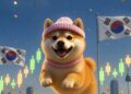 Shiba Inu con gorro rosa saltando feliz frente al skyline de Seúl con banderas de Corea del Sur.