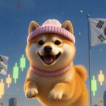 Shiba Inu con gorro rosa saltando feliz frente al skyline de Seúl con banderas de Corea del Sur.