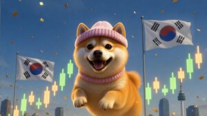 Shiba Inu con gorro rosa saltando feliz frente al skyline de Seรบl con banderas de Corea del Sur.