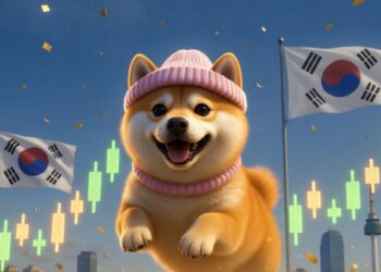 Shiba Inu con gorro rosa saltando feliz frente al skyline de Seúl con banderas de Corea del Sur.