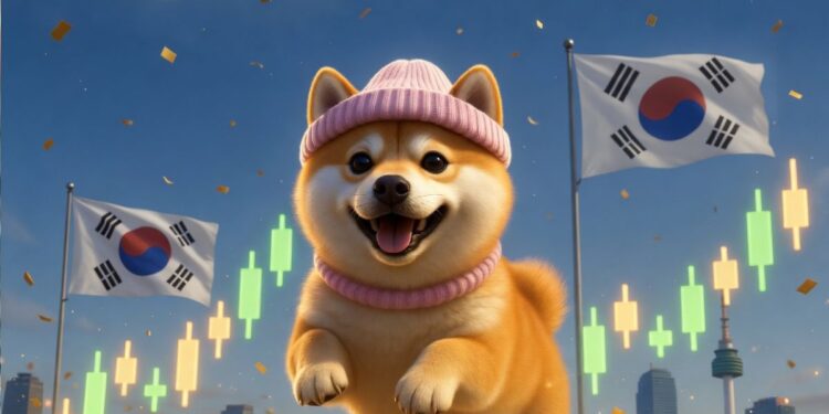 Shiba Inu con gorro rosa saltando feliz frente al skyline de Seúl con banderas de Corea del Sur.