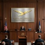 Imagen de una sala de juicio donde aparece el logo de World Liberty Financial.