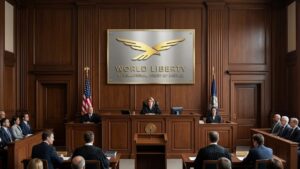 Imagen de una sala de juicio donde aparece el logo de World Liberty Financial.