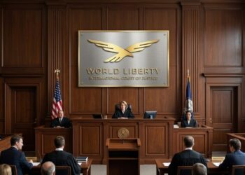 Imagen de una sala de juicio donde aparece el logo de World Liberty Financial.