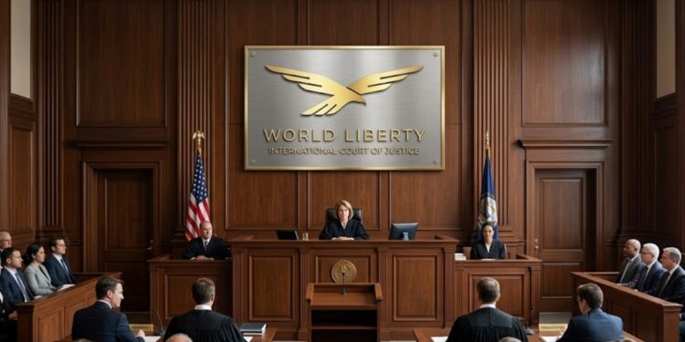 Imagen de una sala de juicio donde aparece el logo de World Liberty Financial.