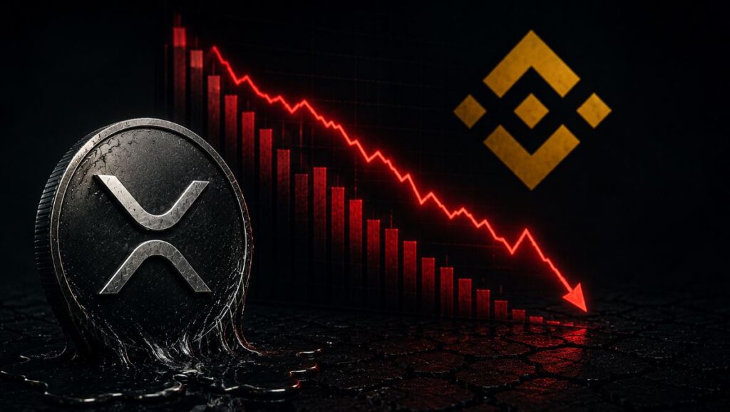 Una moneda física de XRP junto a un gráfico de precios de flechas y barras rojas y el logo de Binance.