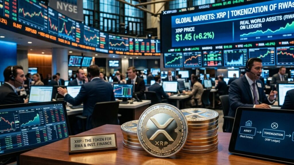 Monedas físicas de XRP sobre un escritorio de trading, con pantallas que muestran gráficos financieros de tokenización RWA.