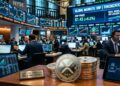 Monedas físicas de XRP sobre un escritorio de trading, con pantallas que muestran gráficos financieros de tokenización RWA.