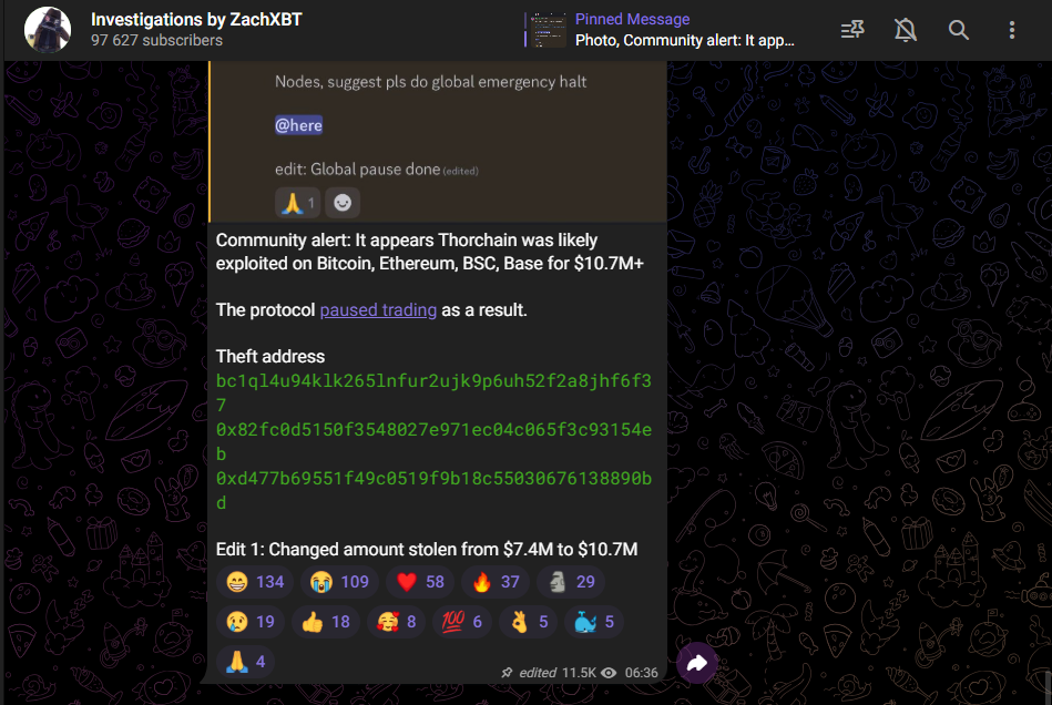 Publicación de Telegram del investigador on chain ZachXBT.