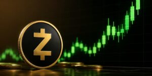 En un primer plano, logo de la moneda ZEC. De fondo, velas verdes.