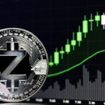 Moneda física de zcash en primer plano con un gráfico de precios alcista en verde de fondo.