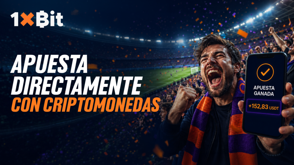Persona con expresión de entusiasmo de fondo con la frase: Apuesta con criptomonedas