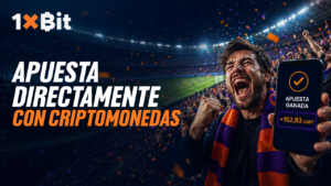 Persona con expresión de entusiasmo de fondo con la frase: Apuesta con criptomonedas