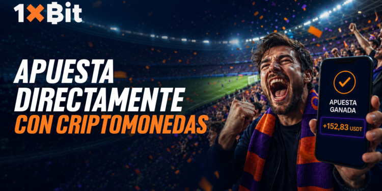 Persona con expresión de entusiasmo de fondo con la frase: Apuesta con criptomonedas