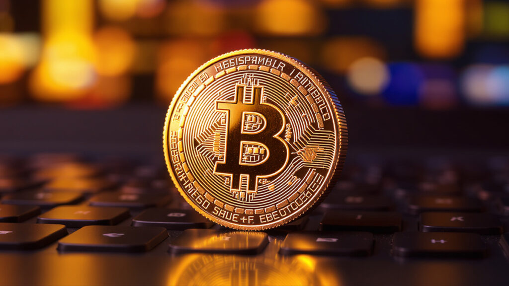 Moneda de Bitcoin en primer plano, sobre una laptop con desenfoque de campo que hace que la pantalla se vea como luces y destellos