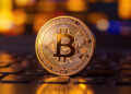 Moneda de Bitcoin en primer plano, sobre una laptop con desenfoque de campo que hace que la pantalla se vea como luces y destellos