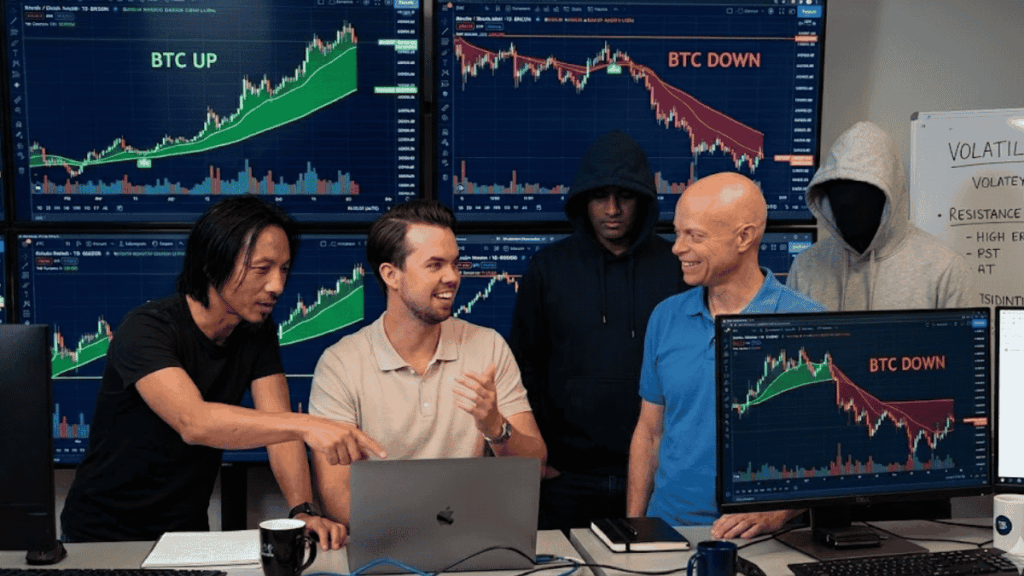 De izquierda a derecha: Willy Woo, Michaël van de Poppe, trader pseudónimo n° 1, David Zanonni y trader pseudónimo n°2.