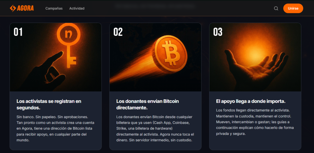 Portal web de la plataforma Agora, basada en Bitcoin y el protocolo Nostr.