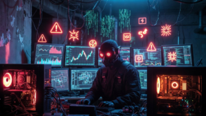 Un ciberatacante opereando desde una cueva para vulnerar sistemas digitales.