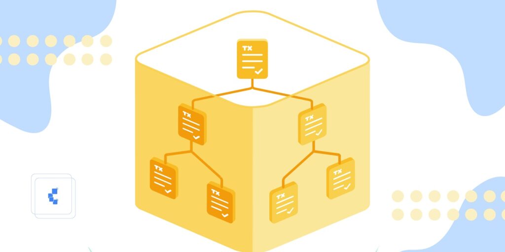 Cubo de color amarillo con recuadros interconectados semejando un Arbol Merkle.