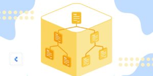 Cubo de color amarillo con recuadros interconectados semejando un Arbol Merkle.