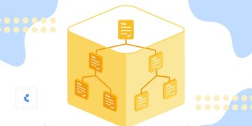 Cubo de color amarillo con recuadros interconectados semejando un Arbol Merkle.