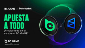 Logos de BC.GAME y Polymarket en alianza, acompañados del texto "APUESTA A TODO"