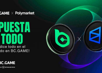 Logos de BC.GAME y Polymarket en alianza, acompañados del texto "APUESTA A TODO"