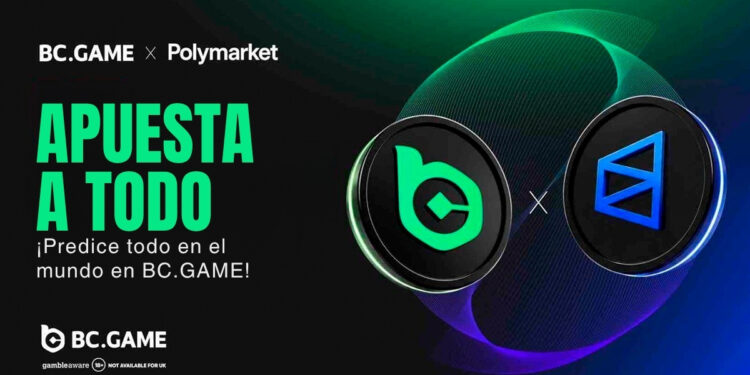 Logos de BC.GAME y Polymarket en alianza, acompañados del texto "APUESTA A TODO"