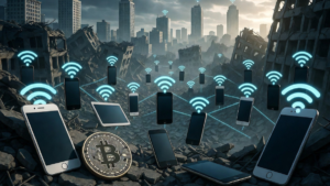 Una ciudad con edificios derrumbados y con teléfonos conectados por bluetooth.
