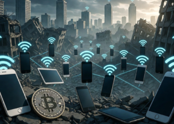Una ciudad con edificios derrumbados y con teléfonos conectados por bluetooth.