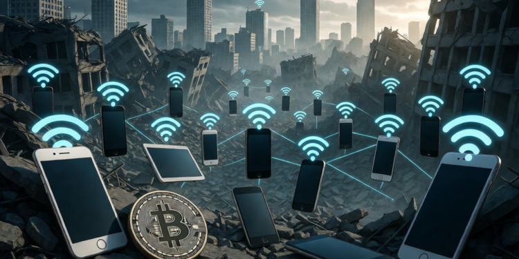Una ciudad con edificios derrumbados y con teléfonos conectados por bluetooth.