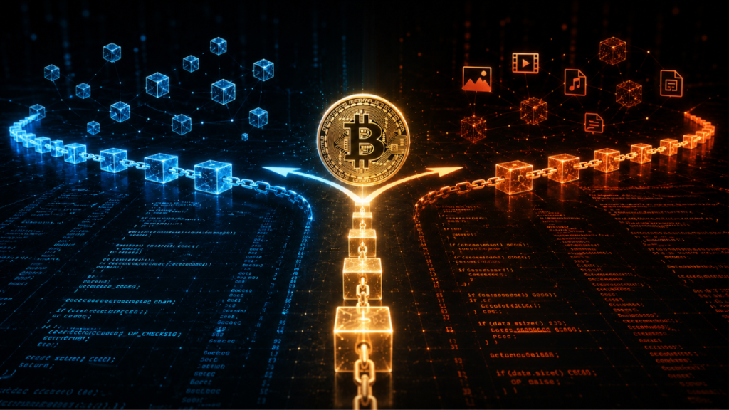 La cadena Bitcoin dividiéndose en dos.