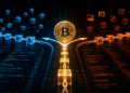 La cadena Bitcoin dividiéndose en dos.