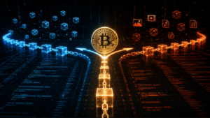 La cadena Bitcoin dividiéndose en dos.