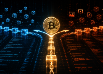 La cadena Bitcoin dividiéndose en dos.
