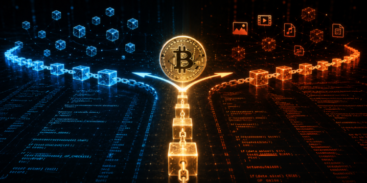 La cadena Bitcoin dividiéndose en dos.