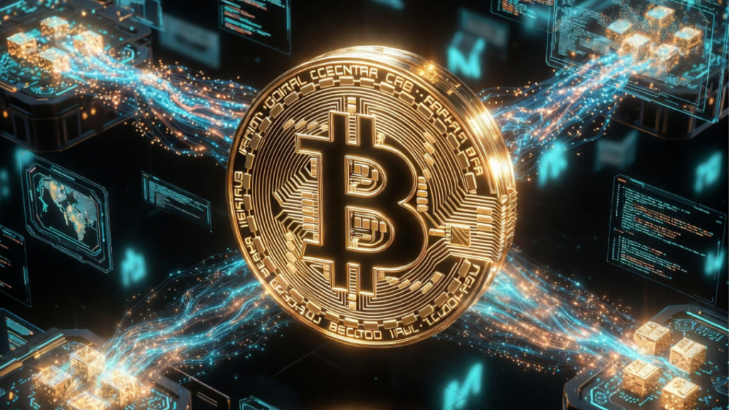 Una moneda de Bitcoin junto a la red procesando bloques.